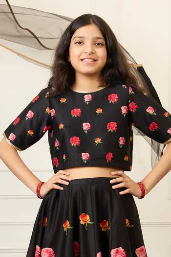 Mamma Plz_Black Chanderi Floral Print Lehenga Set _Online_at_Aza_Fashions