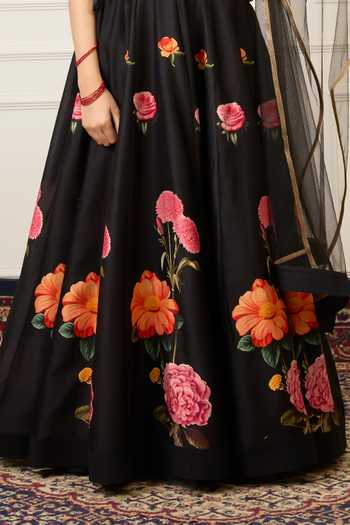 Buy_Mamma Plz_Black Chanderi Floral Print Lehenga Set _Online_at_Aza_Fashions
