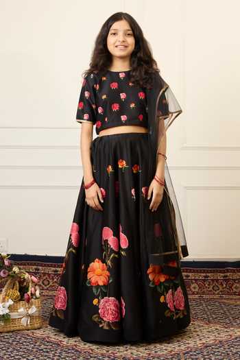 Shop_Mamma Plz_Black Chanderi Floral Print Lehenga Set _Online_at_Aza_Fashions