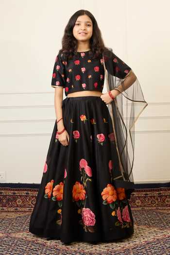 Mamma Plz_Black Chanderi Floral Print Lehenga Set _at_Aza_Fashions