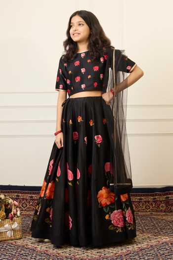 Buy_Mamma Plz_Black Chanderi Floral Print Lehenga Set 