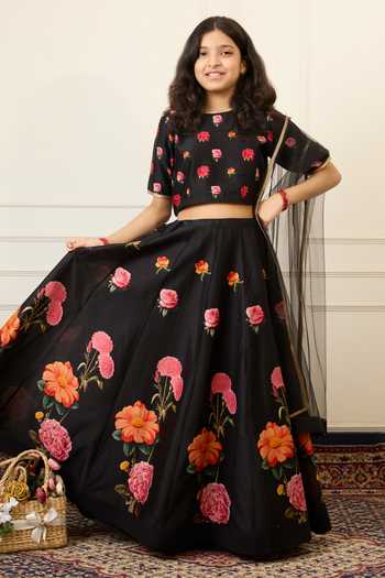 Shop_Mamma Plz_Black Chanderi Floral Print Lehenga Set 