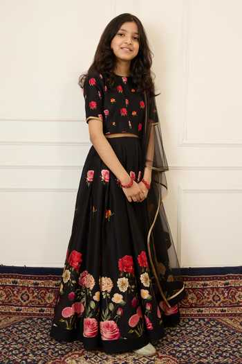 Mamma Plz_Black Chanderi Printed Lehenga Set _Online_at_Aza_Fashions