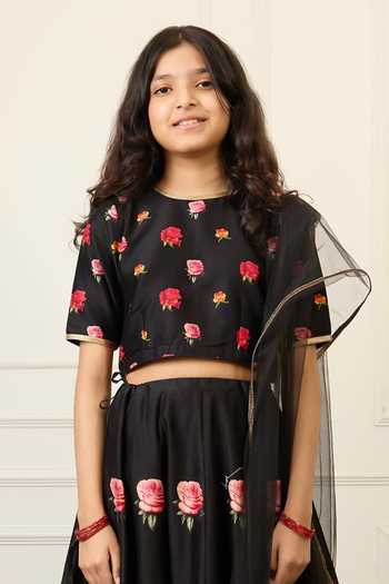 Shop_Mamma Plz_Black Chanderi Printed Lehenga Set _Online_at_Aza_Fashions