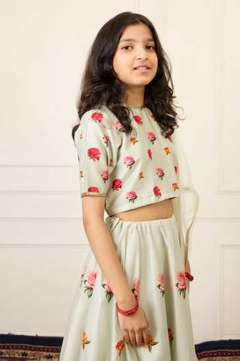 Mamma Plz_Green Chanderi Floral Print Lehenga Set _Online_at_Aza_Fashions