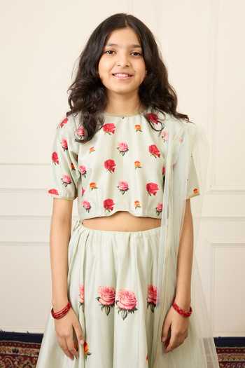Buy_Mamma Plz_Green Chanderi Floral Print Lehenga Set _Online_at_Aza_Fashions