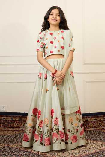Shop_Mamma Plz_Green Chanderi Floral Print Lehenga Set _Online_at_Aza_Fashions