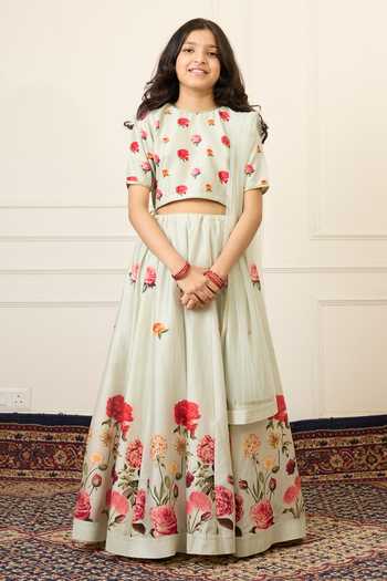 Mamma Plz_Green Chanderi Floral Print Lehenga Set _at_Aza_Fashions