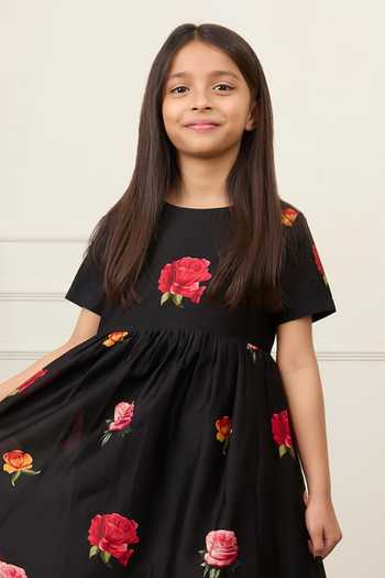 Mamma Plz_Black Chanderi Flower Print Dress _Online_at_Aza_Fashions