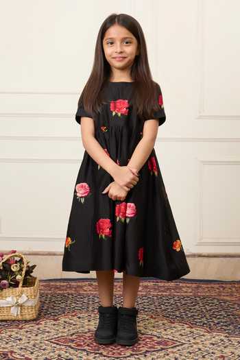 Buy_Mamma Plz_Black Chanderi Flower Print Dress _Online_at_Aza_Fashions