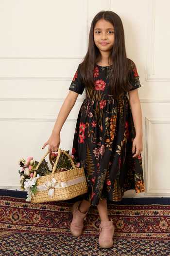 Mamma Plz_Black Chanderi Floral Print Dress _Online_at_Aza_Fashions