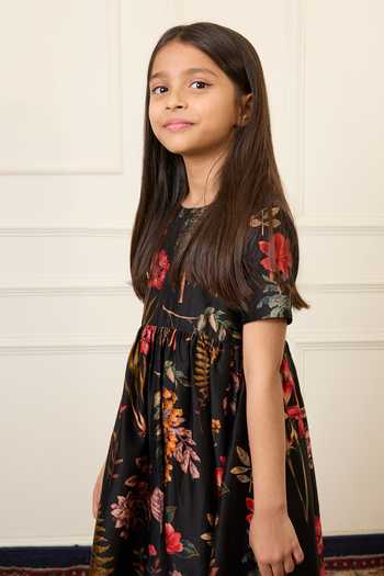 Mamma Plz_Black Chanderi Floral Print Dress _at_Aza_Fashions