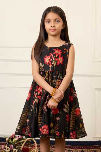 Mamma Plz_Black Chanderi Floral Print Dress _Online_at_Aza_Fashions