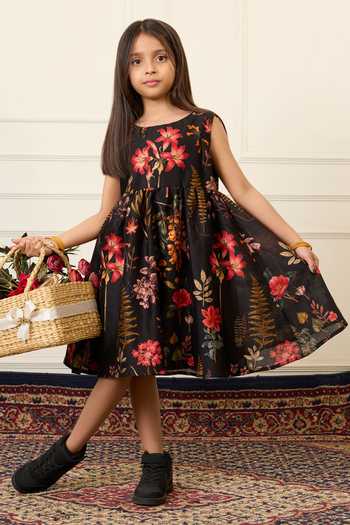 Buy_Mamma Plz_Black Chanderi Floral Print Dress _Online_at_Aza_Fashions