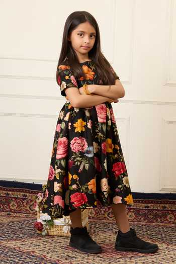 Mamma Plz_Black Chanderi Flower Print Dress _Online_at_Aza_Fashions