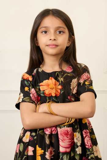 Shop_Mamma Plz_Black Chanderi Flower Print Dress _Online_at_Aza_Fashions