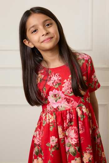Mamma Plz_Red Chanderi Floral Print Gathered Dress _Online_at_Aza_Fashions
