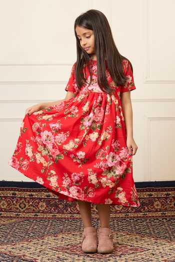 Buy_Mamma Plz_Red Chanderi Floral Print Gathered Dress _Online_at_Aza_Fashions