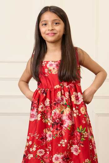 Mamma Plz_Red Chanderi Printed Dress _Online_at_Aza_Fashions