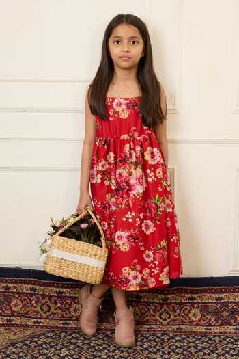 Shop_Mamma Plz_Red Chanderi Printed Dress _Online_at_Aza_Fashions