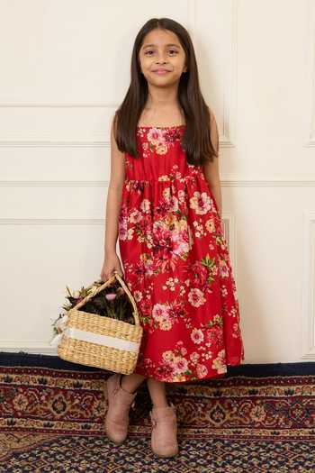 Mamma Plz_Red Chanderi Printed Dress _at_Aza_Fashions