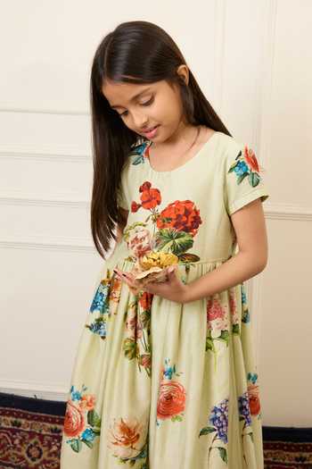 Mamma Plz_Green Chanderi Mint Floral Print Dress _Online_at_Aza_Fashions