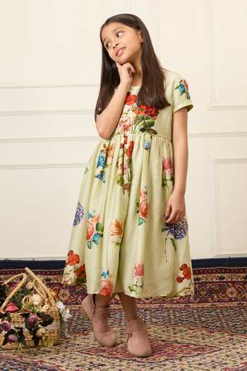 Buy_Mamma Plz_Green Chanderi Mint Floral Print Dress _Online_at_Aza_Fashions