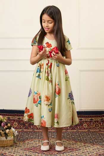 Shop_Mamma Plz_Green Chanderi Mint Floral Print Dress _Online_at_Aza_Fashions