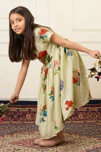 Mamma Plz_Green Chanderi Mint Floral Print Dress _at_Aza_Fashions
