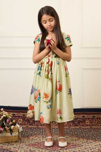 Buy_Mamma Plz_Green Chanderi Mint Floral Print Dress 