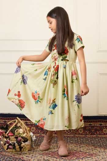 Shop_Mamma Plz_Green Chanderi Mint Floral Print Dress 