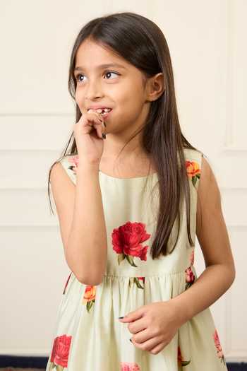 Mamma Plz_Green Chanderi Flower Print Dress _Online_at_Aza_Fashions