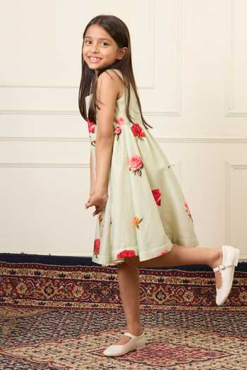 Buy_Mamma Plz_Green Chanderi Flower Print Dress _Online_at_Aza_Fashions