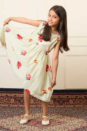 Shop_Mamma Plz_Green Chanderi Flower Print Dress _Online_at_Aza_Fashions