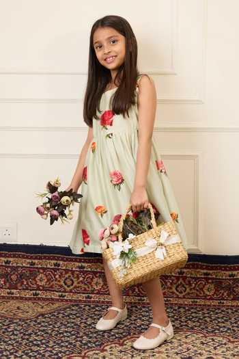 Mamma Plz_Green Chanderi Flower Print Dress _at_Aza_Fashions