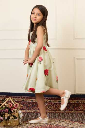 Buy_Mamma Plz_Green Chanderi Flower Print Dress 