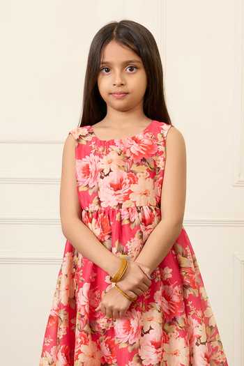 Mamma Plz_Pink Chanderi Florette Print Dress _Online_at_Aza_Fashions