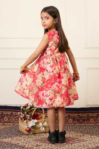 Shop_Mamma Plz_Pink Chanderi Florette Print Dress _Online_at_Aza_Fashions