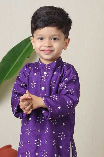 Poochkie_Purple Silk Bandhani Print Kurta Set _Online_at_Aza_Fashions