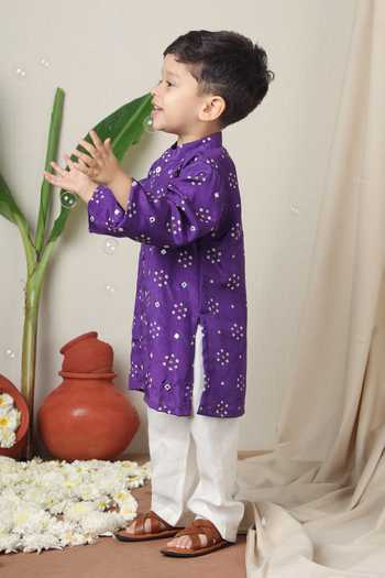 Shop_Poochkie_Purple Silk Bandhani Print Kurta Set _Online_at_Aza_Fashions
