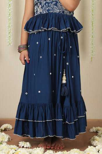 Poochkie_Blue Viscose, Muslin Bani Embroidered Top And Pleated Lehenga Set _Online_at_Aza_Fashions