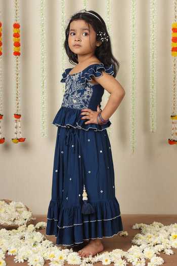 Shop_Poochkie_Blue Viscose, Muslin Bani Embroidered Top And Pleated Lehenga Set _Online_at_Aza_Fashions