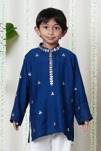Buy_Poochkie_Blue Viscose, Muslin Midnight Buti Kurta Set _Online_at_Aza_Fashions