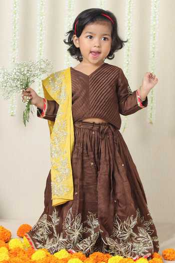 Shop_Poochkie_Brown Silk, Viscose Embroidered Lehenga Set _Online_at_Aza_Fashions