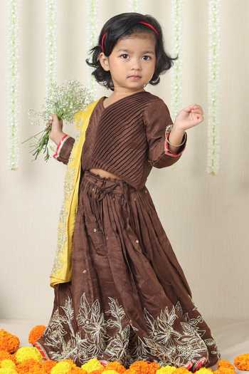 Poochkie_Brown Silk, Viscose Embroidered Lehenga Set _at_Aza_Fashions