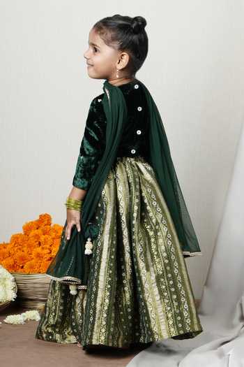 Buy_Poochkie_Emerald Green Velvet And Gold Brocade Lehenga Set _Online_at_Aza_Fashions