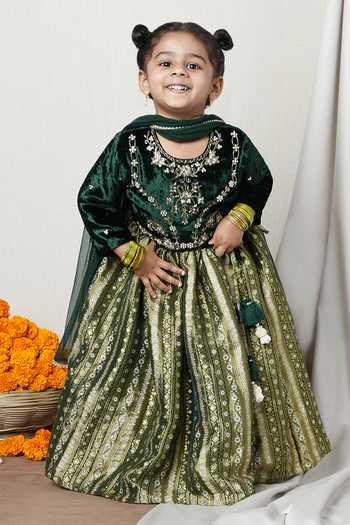 Poochkie_Emerald Green Velvet And Gold Brocade Lehenga Set _at_Aza_Fashions