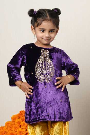 Poochkie_Purple Velvet Zardozi Embroidered Kurta And Pyjama Set _at_Aza_Fashions