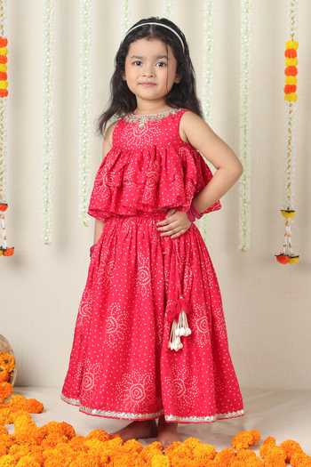 Buy_Poochkie_Pink Silk, Viscose Printed Layered Top And Lehenga Set _Online_at_Aza_Fashions