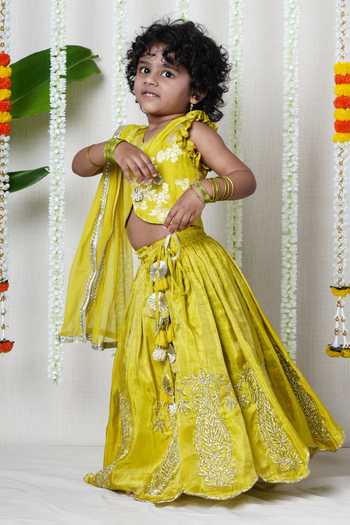 Poochkie_Green Silk, Tissue Floral Embroidered Lehenga Set _Online_at_Aza_Fashions